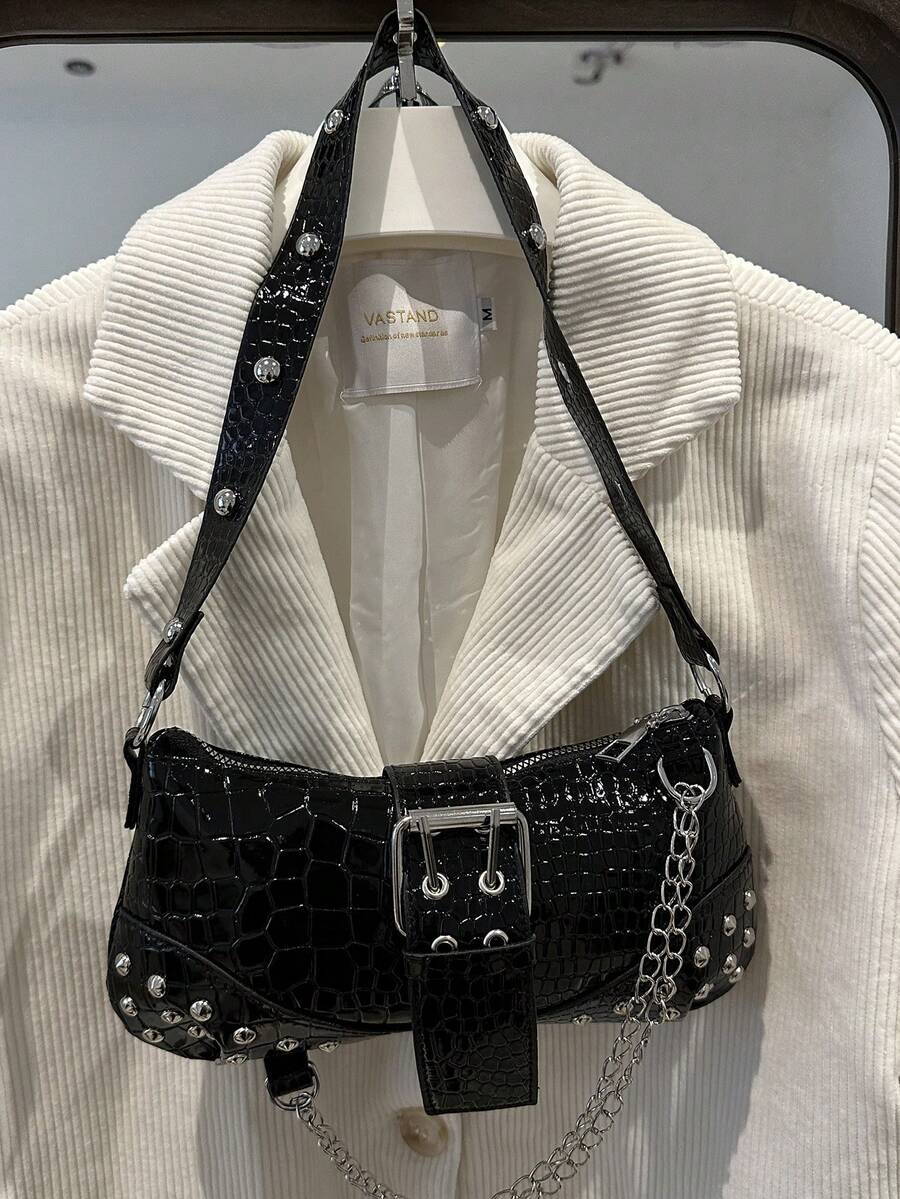 时尚百搭链条装饰单肩包，适合女性通勤日常使用 - 黑色 - 查看 1