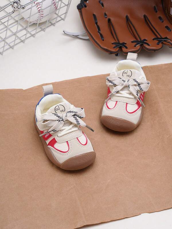 1 paar schattige PU-sneakers met strik en comfortabele voering, geschikt voor babyjongens en -meisjes, klittenbandontwerp voor binnen- en buitengebruik