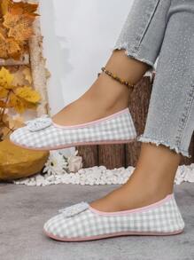 Cartoon Plaid Bow Decor Slippers, Lightweight Flat Indoor Shoes, Soft Non-Slip Bedroom Slippers - Grey - View 2