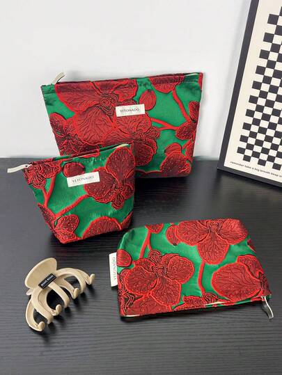 1 Túi đựng đồ trang điểm vải Jacquard, nền xanh lá cây, họa tiết hoa đỏ sẫm, thời trang và giản dị, túi đựng đồ trang điểm có khóa kéo di động dung tích lớn, hộp đựng văn phòng phẩm khi đi du lịch, túi đựng mỹ phẩm thiết yếu cho kỳ nghỉ, tai nghe có dây, tai nghe nhét tai, tai nghe, bộ sạc, son môi, mỹ phẩm, nước hoa, sản phẩm chăm sóc da và làm đẹp, đồ trang trí nhà cửa, dành cho mẹ, phụ nữ, y tá, học sinh, nữ sinh, chìa khóa, quà tặng ngày lễ