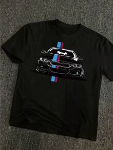 Camiseta hombre verano moda patrón coche BMW con franjas estampado cuello redondo manga corta 220g algodón puro pesado gruesa y cómoda - Negro - Ver 2