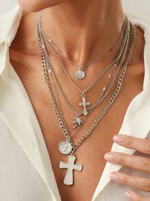 4 pezzi set di collane multistrato con pendente geometrico rotondo in metallo vintage, collana con ciondolo a croce di Gesù in stile punk per donna