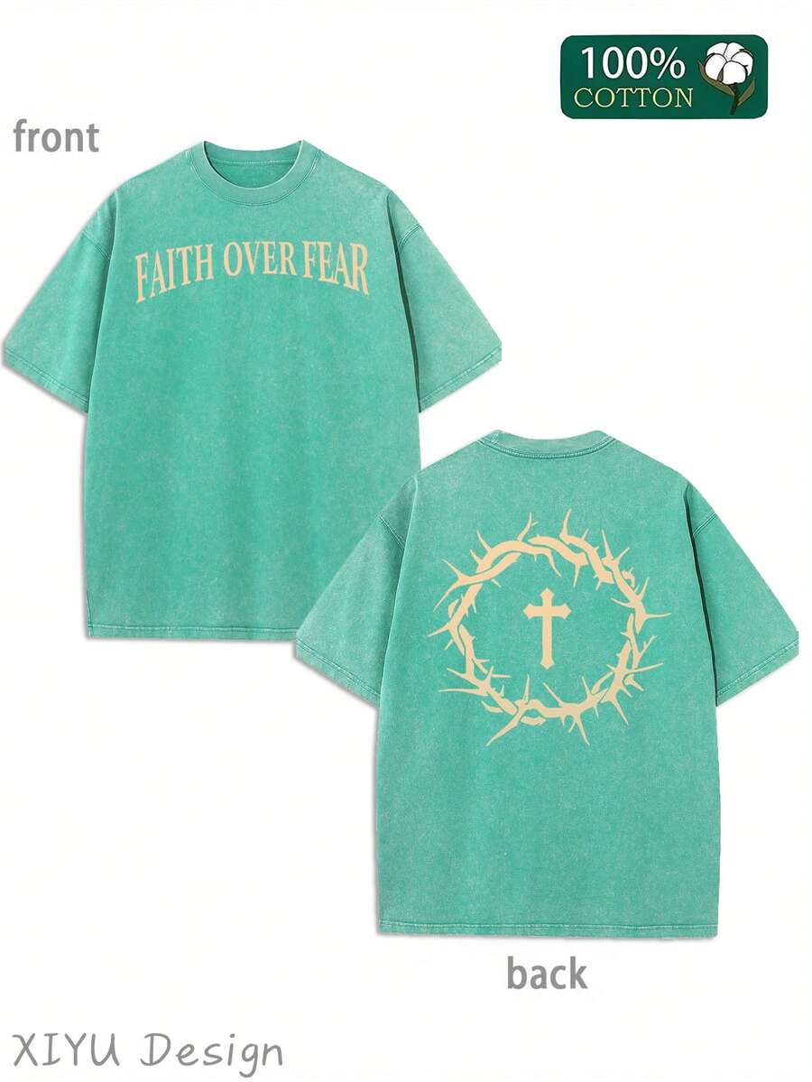 Faith Is Better Than Fear. Retro Washed Cotton Printed T-Shirts For Men. Old Summer Clothes. Off-Shoulder Sleeves, Round Neck Tops, Short Sleeves.