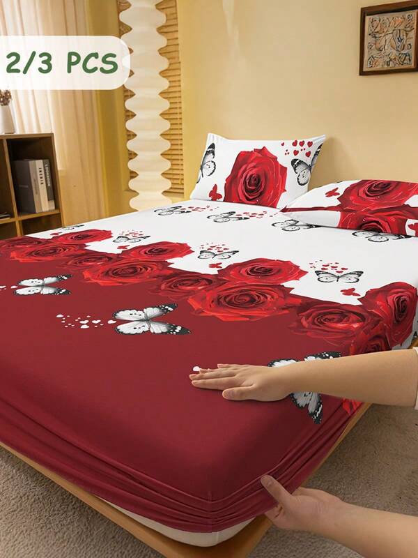 2/3 Pcs Printed Fitted Sheet Set, Bedding, Bed Sheet Set, Soft And Comfortable Bedding, Room Decor, Skin-Friendly Bed Cover Set For All Season, Halloween Gift, Mattress Protector For Bedroom, Fits For Twin Full King Queen Size Bed, 1 Fitted Sheet And 2 Pillowcases, Machine Washable