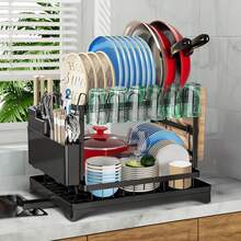 Scolapiatti a 2 ripiani, scolapiatti in acciaio al carbonio con scolapiatti e portautensili per la cucina, portabicchieri, scolapiatti multifunzione - nero - Visualizzare 3