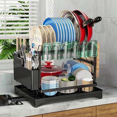 2-stöckiges Geschirrgestell, Geschirrgestell aus Karbonstahl mit Abtropffläche und Utensilienhalter für die Küche, Getränkehalter, multifunktionale Geschirrgestelle