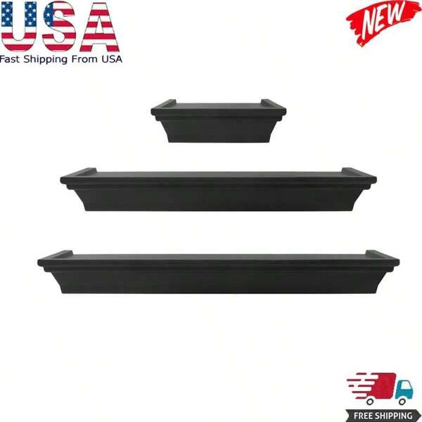 3PC Black Floating Shelves Drative Wall Shelves Set Of 3 Sizes 6In 12In 14In Contemporary Wood Finish Sturdy Mounting Hardware Gift For Homeowners