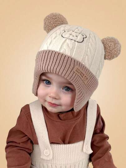 1 件儿童针织护耳帽，可爱熊图案，男童女童防风户外帽，熊耳设计，柔软舒适的婴儿帽，秋冬保暖针织帽，适合婴幼儿，带熊图案