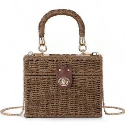 Women's Hand-Woven Rattan Handbag Beach Straw Tote Bag Square Bohemian Style Crossbody Bag Small Crossbody Hand-Held Dual-Purpose Casual Woven Bag