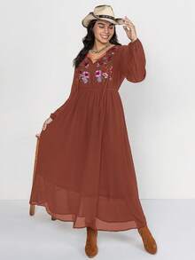 Rusttydustty Plus Size Floral Embroidery Casual Vacation Dress - Brownish Red - View 5