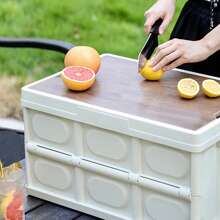1 White Foldable Storage Box, A Collapsible Camping Crate With A Wooden Lid, Suitable For Indoor Storage Of Toys And Snacks; A Portable Storage Container, Applicable To Outdoor Barbecues, Picnics, Fishing Trips, As Well As Home Garage Organization.