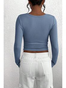 Women's 2025 Fall Long Sleeve Henley Shirts Button Ribbed Knit Casual Basic Tops Blouse - Xanh xám - Xem 2