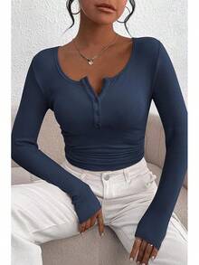 Women's 2026 Fall Long Sleeve Henley T Shirts Button Ribbed Knit Slim Fit Basic Tops Blouse Casual Outfits/Vacation Outfits Women/Valentine Outfits For Women - Màu xanh đậm - Xem 8