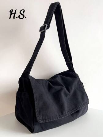 Vintage Minimalist Versatile Flap Shoulder Bag, Thick Washed Canvas Bag, Casual Versatile Large Capacity American Messenger Bag, College Style Japanese University Student Schoolbag, Short Trip Travel Bag, Simple Street Cloth Bag, Black Crossbody Bag , Old Money