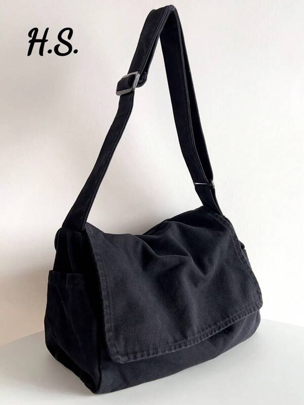 Vintage Minimalist Versatile Flap Shoulder Bag, Thick Washed Canvas Bag, Casual Versatile Large Capacity American Messenger Bag, College Style Japanese University Student Schoolbag, Short Trip Travel Bag, Simple Street Cloth Bag, Black Crossbody Bag