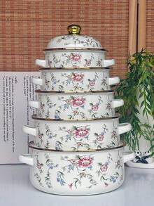 1st 搪瓷锅，双手柄双盖，电镀边缘设计，16/18/20/22/24厘米可选，适用于餐厅和家庭烹饪，非常适合家庭聚会、节日派对、春夏露营和野餐 - 薔薇 - 查看 3