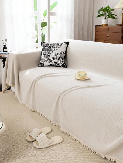 1pc Chenille Beige Tasseled Sofa Slipcover, Crafted With Anti-Scratch Technique,Couch Cover For Dogs,Washable Couch Covers, Non Slip Couch Sofa Cover, Protector With Tassels Chenille Sofa Covers For Pets,Suitable For Living Room, Bedroom, Office, Home Decor,For 1/2/3/4 Seater Sofas(Multiple Sizes Available),Fall Decor,Autumn Decor,Room Decor