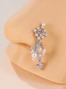 1 Pezzo Anello Finto Per Naso Incantato In Rame Con Decorazioni A Forma Di Diamante Geometrico E Nappa A Perla Finta E Zirconi Cubici Per Donne-fregio Di Lusso Per Appuntamenti