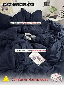 3 件套海军蓝柔软亲肤羽绒被套（1 个羽绒被套 + 2 个枕套），适用于卧室和客房，四季皆宜，可机洗 - 藏蓝色 - 查看 9