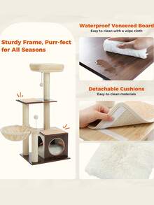 PAWZ Road Cat Tree Modern Cat Tower For Indoor Cats,Multilevel Cat Play House With Large Condo, Spacious Hammock, Cozy Top Perch,Scratching Post And Dangling Balls - 棕色 - 查看 7