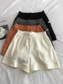 Verano de las mujeres de cintura alta Slim Loose Casual Peplum Pantalones de pierna ancha Inicio Shorts Conjunto de dos piezas,Poliéster Casual Shorts Conjunto de dos piezas,Waffle Sport Shorts,Pantalones cortos casuales de las mujeres - Blanco y bronce - Ver 5