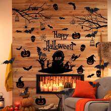 1pc Halloween Window Decor Paper, PVC Decal, Bathroom Sticker, Removable Home & Sink Wall Decoration, Party Supplies Pumpkin Ghost Bat Static Glass Window Sticker - Multicolor - View 4