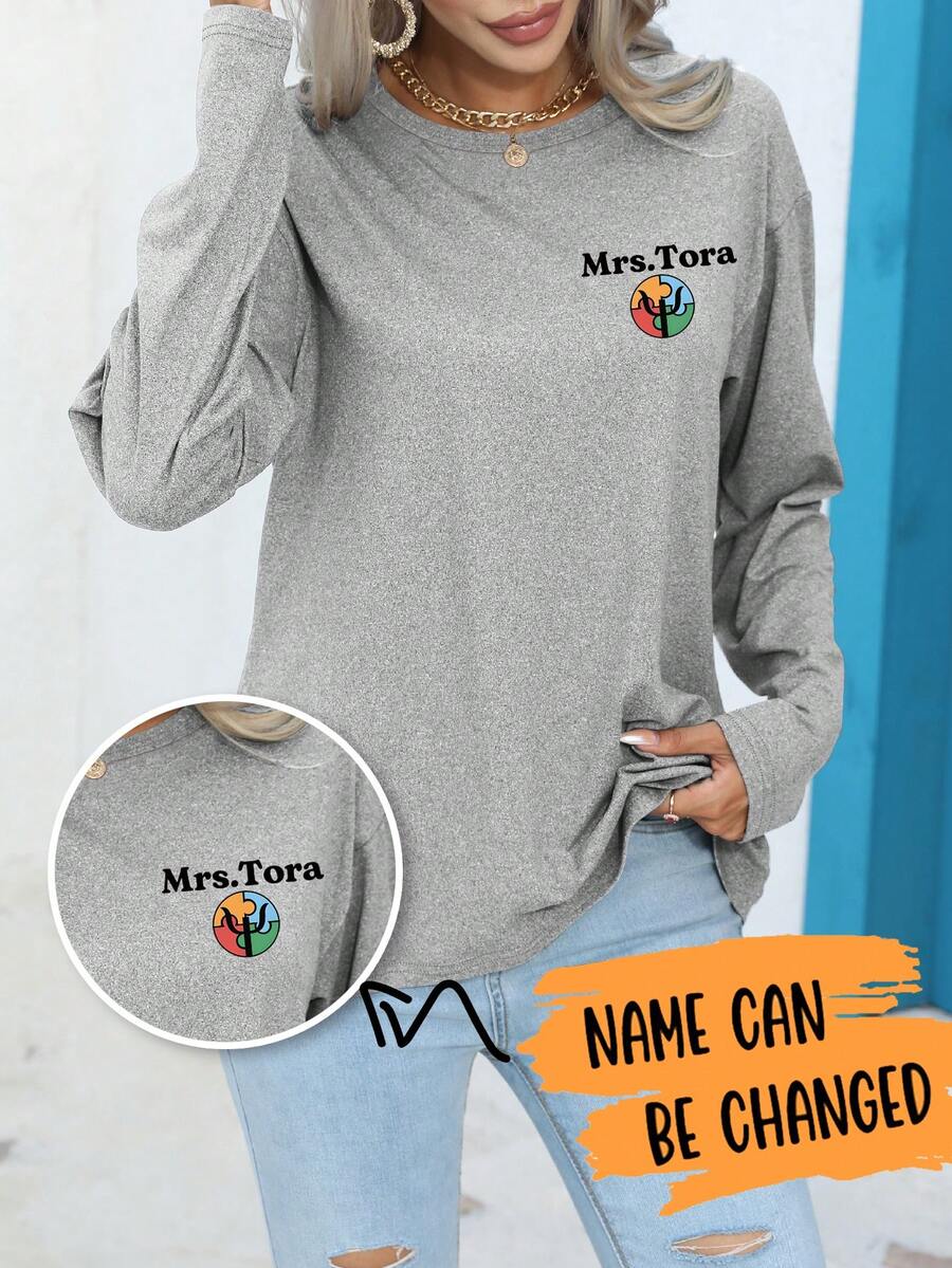 Plus Size Custom Print Long Sleeve Pajama Top, Back To School Season, Fall & Winter, Cozy - Light Grey - View 1