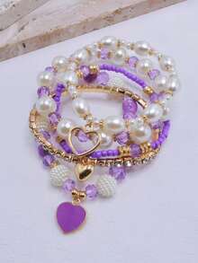 5 件珍珠和水晶串珠手链套装，时尚百搭女士叠戴手链 - 紫色 - 查看 14