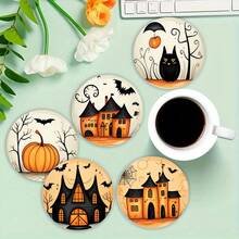 1set/4pcs/6pcs/300pcs Halloween Castle Pumpkin Pattern Diatom Mud Coasters, Coffee Coasters, Suitable For Home And Restaurant Decorations For Various Occasions, Holiday Gifts, Table Decorations, Autumn Decorations, Theme Party Decorations, Can Be Given As Gifts - Multicolor - View 3