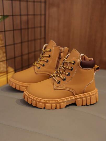 1 Pair Yellow Toddler/Kids' Soft Matte Military Boots, Round Toe, Warm Thick Sole, Durable, Lace-Up & Zipper Design, Classic Short Boots, Suitable For Boys/Girls, Casual, School, Vacation, Autumn/Winter