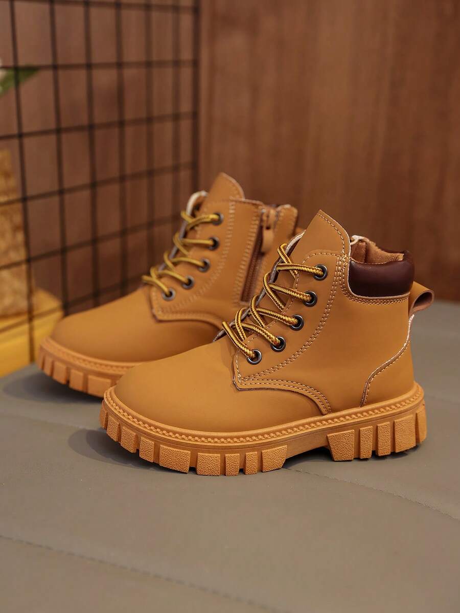 1 Pair Yellow Toddler/Kids' Soft Matte Military Boots, Round Toe, Warm Thick Sole, Durable, Lace-Up & Zipper Design, Classic Short Boots, Suitable For Boys/Girls, Casual, School, Vacation, Autumn/Winter