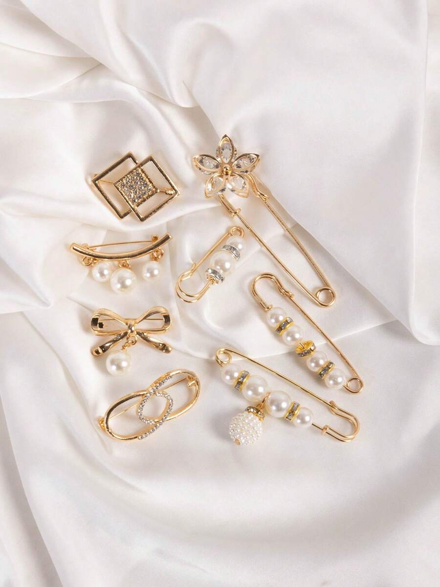 8pcs Women's Scarf Clips, Hijab Pins, Middle Eastern Style Brooch For Dress - Gold - View 1