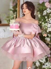 Elegant Pink Bow Decor Short Dress, Teen Girl Dresses For Wedding, Prom, Graduation, Birthday Party, Christmas