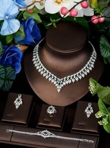1 Set Vintage Cubic Zirconia Leaf Decor Green Gemstone Inlaid Jewelry Set, Suitable For Women Wedding Wear