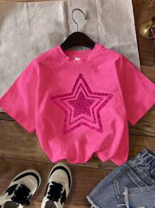 1 件女童甜美闪亮星星印花短袖 T 恤，舒适透气，夏季日常休闲装