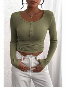 Women's 2026 Fall Long Sleeve Henley T Shirts Button Ribbed Knit Slim Fit Basic Tops Blouse Casual Outfits/Vacation Outfits Women/Valentine Outfits For Women - Xám Xanh Lá Cây - Xem 5