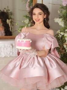 Elegant Pink Bow Decor Short Dress, Teen Girl Dresses For Wedding, Prom, Graduation, Birthday Party, Christmas