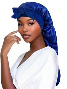 1pc New Long Taffeta Sleeping Cap, Women's Fashion Hair Care Hat, Bowknot Headband Beanie