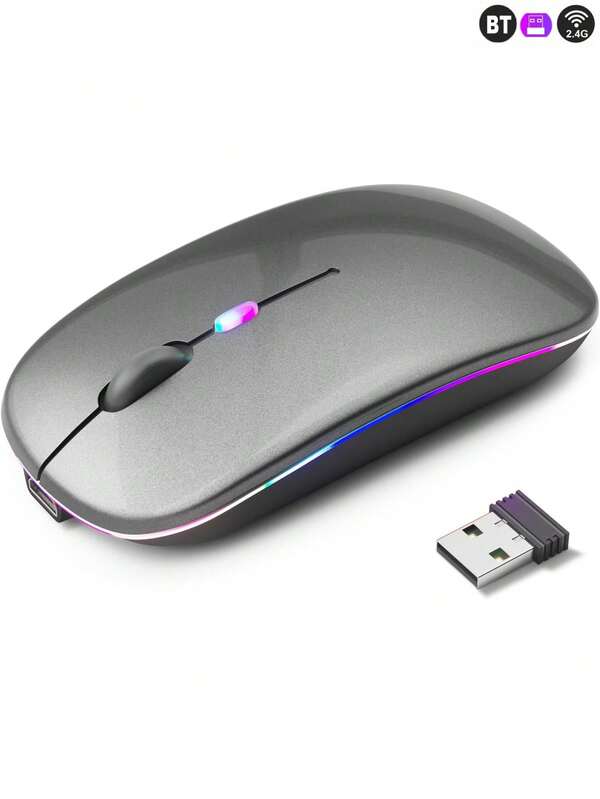 Wireless Bluetooth Mouse – Rechargeable, Silent, Dual Mode (BT 5.2 & USB) With LED Lights – Portable For Laptop, Desktop, & Tablet