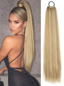 Peluca con coleta de 26"/34", peluca con coleta elástica multifuncional en negro y marrón, resistente al calor, cabello liso largo sintético suave y natural para mujer, adecuado para Navidad, Año Nuevo, Carnaval, festivales de música y otras ocasiones - Multicolor - Ver 13