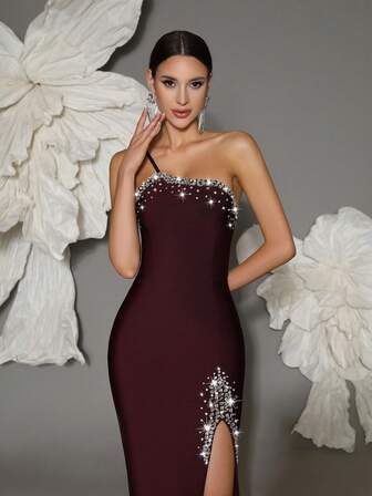 手工串珠单肩针织绷带紧身连衣裙，优雅适合家庭聚会、派对和晚会