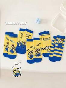 Minions 5 Pairs Of Minions Children's Mid Length Socks, Solid Color, Simple And Fashionable, Personalized And Fashionable, Skin Friendly And Breathable, Soft And Comfortable, Classic And Versatile. Suitable For Daily Life, Back To School, Back To School Season, Campus, Sports, Holiday Gifts