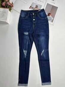 Women's Fitted Distressed Button Front Pocket Jeans