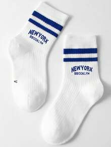 1pair Kids' Double Bar Letter Printed Sports Mid-Calf Length Socks, Suitable For Daily Outfits - Multicolor - View 11