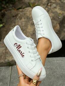 Women's New 2025 Versatile Letter Print Flat White Sneakers, Student Casual Shoes - White - View 3