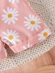 Uniform 2pcs Baby Girls' Cute Short Sleeve Ruffle Bodysuit And Flower Print Overalls Set, Summer, Warm Pink Set Suitable For Daily Summer Fun - Pink - View 8
