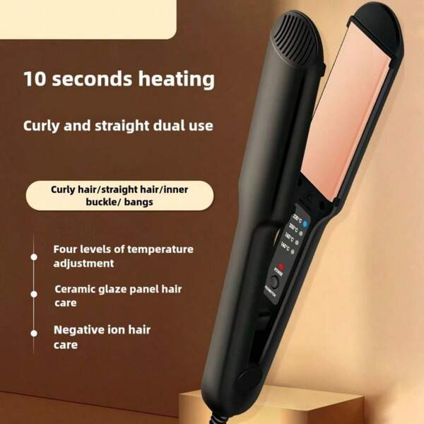 Dual-Plate Electric Hair Straightener With Negative Ions - Gentle On Curly Hair, Wide Ironing Surface For Smooth Styling, Black & Pink Design, Ideal For Home Or Salon Use