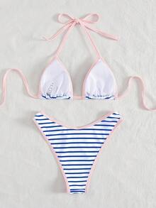女士性感时尚黑白两件式泳衣，夏季沙滩比基尼套装度假 - 藍色 - 查看 2