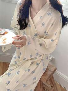 1 件女士新款韩版简约舒适浴袍，蝴蝶结休闲宽松长袍 - 粉紅色蝴蝶 - 查看 7