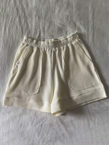 Verano de las mujeres de cintura alta Slim Loose Casual Peplum Pantalones de pierna ancha Inicio Shorts Conjunto de dos piezas,Poliéster Casual Shorts Conjunto de dos piezas,Waffle Sport Shorts,Pantalones cortos casuales de las mujeres - Blanco y bronce - Ver 2